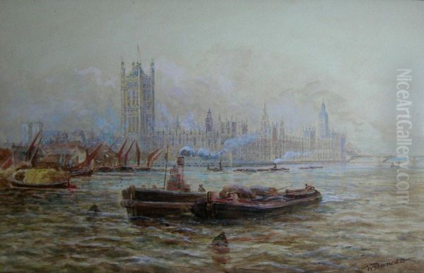 Barges On The Thames With The Houses Of Parliament Oil Painting by Walter Duncan