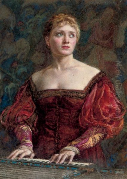 Young Lady In Renaissance-style Dress At A Harpsichord Oil Painting by Walter Duncan