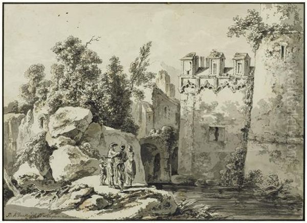 Conversing Before The Walls Of A Moated Castle Oil Painting by Balthasar Anton Dunker