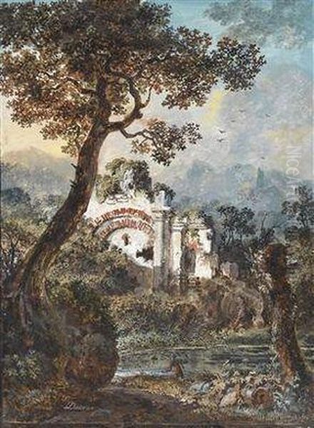 A Landscape With Ruins And A Pond Oil Painting by Balthasar Anton Dunker