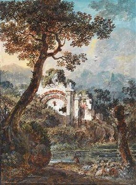 Landschaft Mit Ruinen Und Teich Oil Painting by Balthasar Anton Dunker