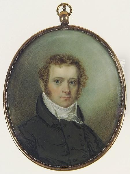 A Gentleman, Wearing Double-breasted Black Coat, White Waistcoat And Tied Stock. Oil Painting by William Dunlap