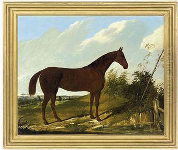 A Chestnut Hunter In A Pastoral Landscape Oil Painting by Joseph Dunn Of Worcester