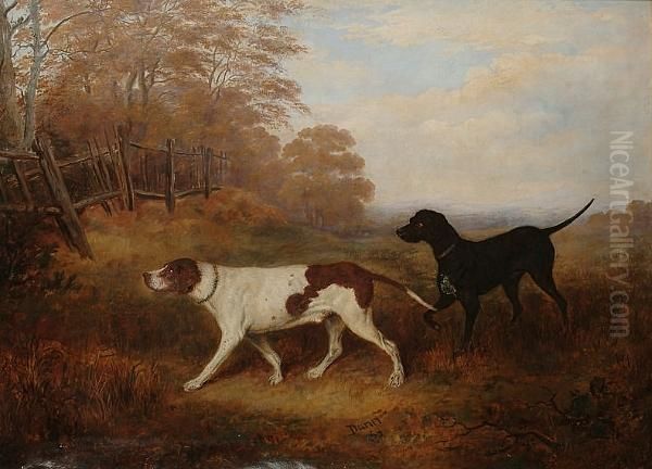 Two Pointers In A Landscape Oil Painting by Joseph Dunn Of Worcester