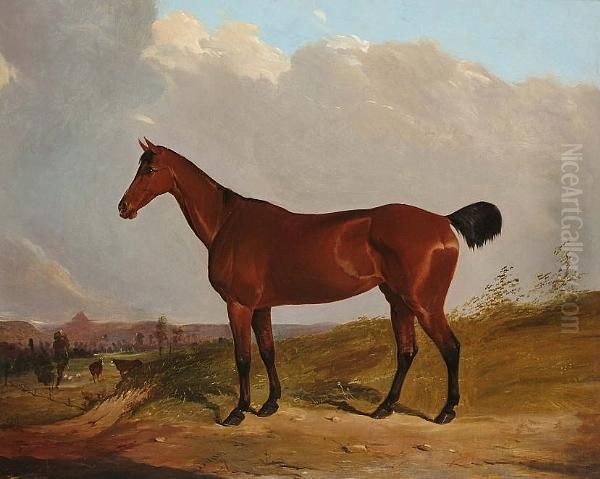 A Chestnut Hunter In A Landscape Oil Painting by Joseph Dunn Of Worcester