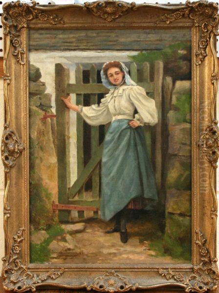 Lady At A Cottagegate Oil Painting by John Thompson Dunning