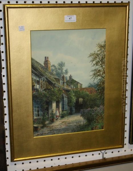 View Of A Cottage With A Young Girl Standing On The Doorstep Oil Painting by Albert Dunnington