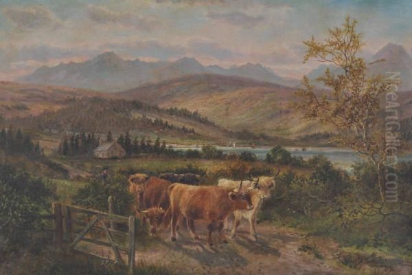 Scottish Harvest Landscape Toward A Lake Oil Painting by Albert Dunnington