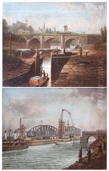 'the Old Aquaduct - Barton (in 1880)' Andanother, Barton, The Ship Canal, With 'horseman' And 'snowdrop'passing, A Pair Oil Painting by Albert Dunnington