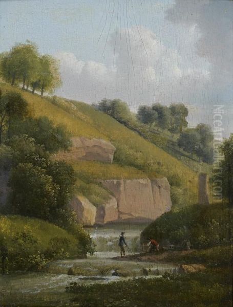 Pecheurs Au Bord Du Torrent Oil Painting by Alexandre-Hyacinthe Dunouy