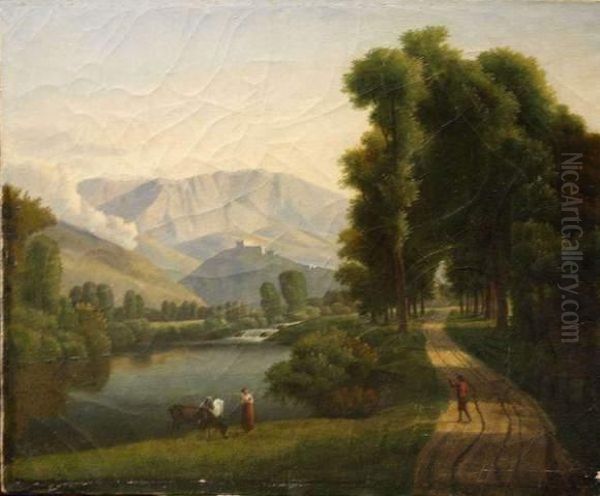 Paysage Avec Vaches Etpersonnages Oil Painting by Alexandre-Hyacinthe Dunouy