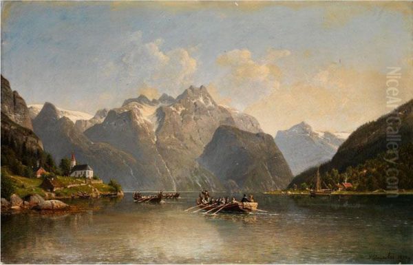 Hochzeitsfahrt Auf Einem Alpensee Oil Painting by Johannes-Bertholomaus Dutntze