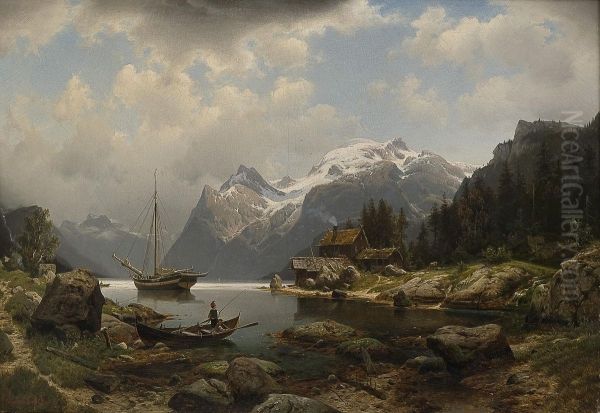 Fra Hardangerfjorden Oil Painting by Johannes-Bertholomaus Dutntze