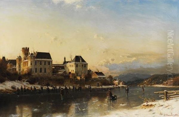 Flusslandschaft Mit Winterfreuden Am Schlos Oil Painting by Johannes-Bertholomaus Dutntze