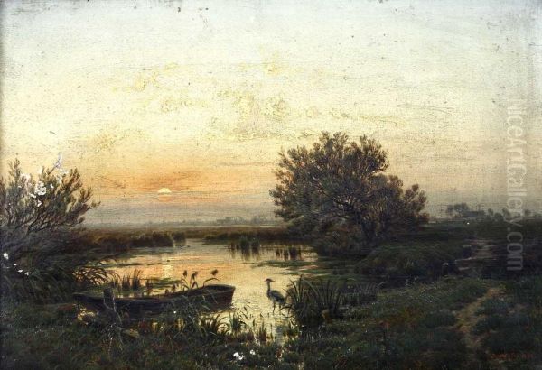 Landschaft Mit Kleinem See Und Reiher Oil Painting by Johannes-Bertholomaus Dutntze