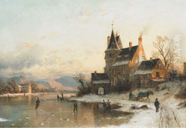 Villagers Skating On A Frozen Pond Oil Painting by Johannes-Bertholomaus Dutntze