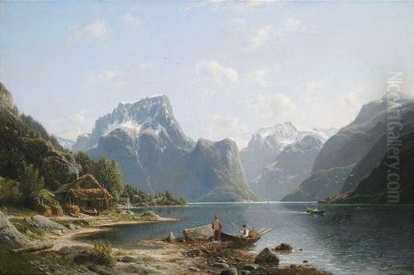 At Lake Bredheims Inthe Region Nordfjord, Norway. Oil Painting by Johannes-Bertholomaus Dutntze