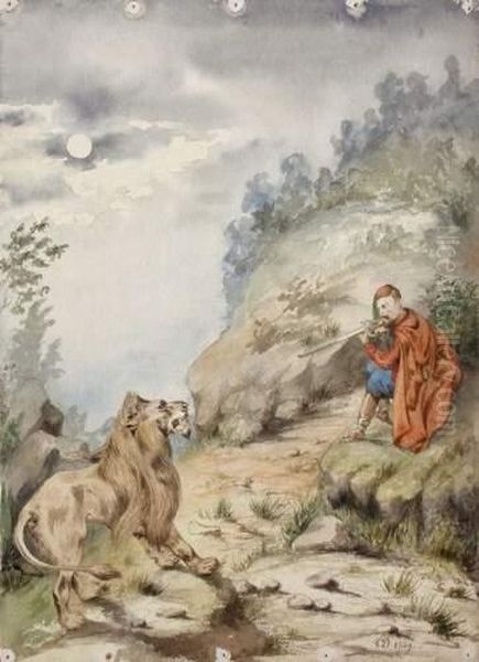 Homme Mettant Un Lion En Joue Oil Painting by Germain Dupac