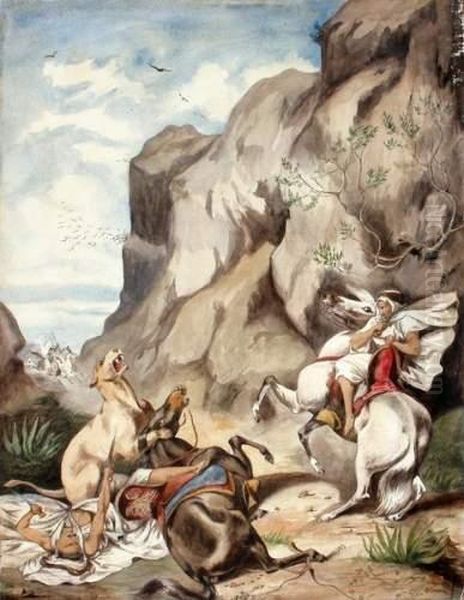 Cavaliers Arabes Attaques Par Un Felin Oil Painting by Germain Dupac