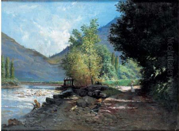 Promenade Au Bord De La Riviere Oil Painting by Edmond Louis Dupain