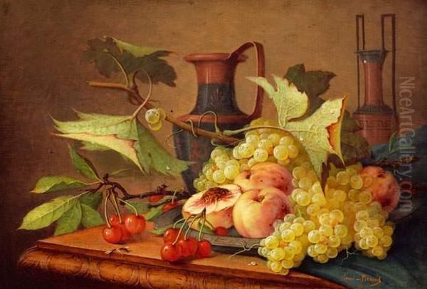 Nature-morte Sur Un Entablement Aux Peches, Cerises, Grappes De Raisins Et Urnes Grecques Oil Painting by A. Dupont