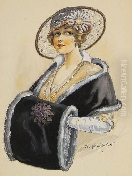 Elegant Woman With Hat And Muff. Oil Painting by Joseph L. Duport