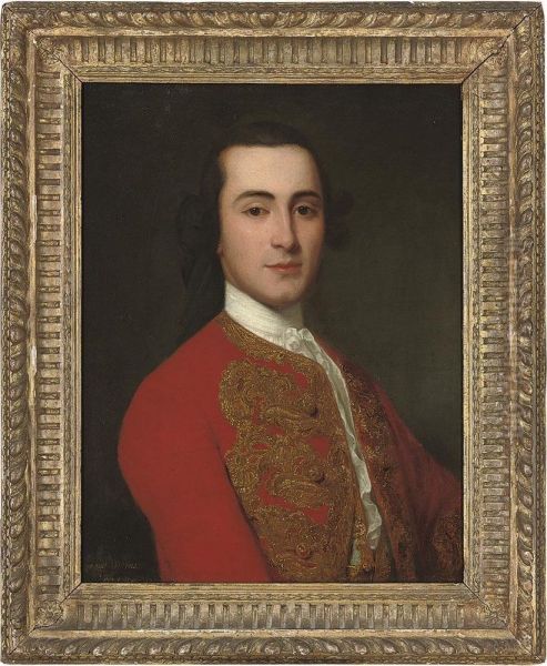 Portrait Of A Gentleman, Bust-length, In A Red Coat With Goldembroidery Oil Painting by Domenico Dupra