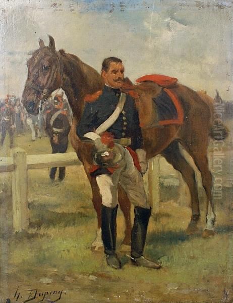 A Cavalry Officer With His Horse Standing Before A Military Encampment Oil Painting by Henri-Louis Dupray