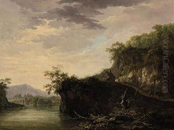 A Mountainous River Landscape With Figures On A Track Oil Painting by Daniel Dupre