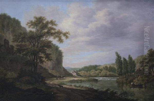 River Landscape With Figures In A Boat And A Weir Oil Painting by Daniel Dupre