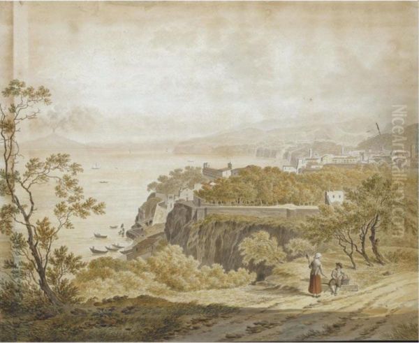 A View Of Sorrento, With Vesuvius Across The Bay And Two Travellers Resting In The Foreground Oil Painting by Daniel Dupre