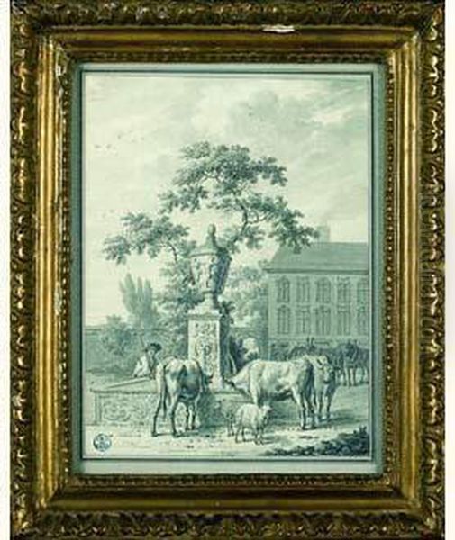 Scene Pastorale Autour D'une Fontaine Oil Painting by Daniel Dupre