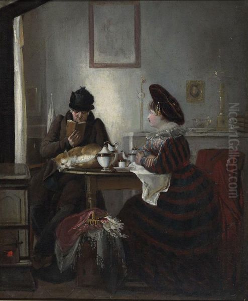 Couple At Teatime With Sleeping Cat Oil Painting by Louis Dupre