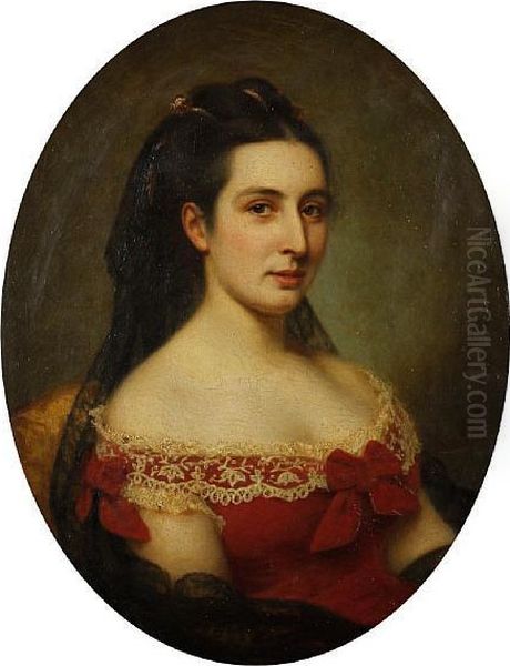 Portrait Of A Lady, Bust Length, In A Red Dress With Lace Trim Oil Painting by Phillipe Felix Dupuis