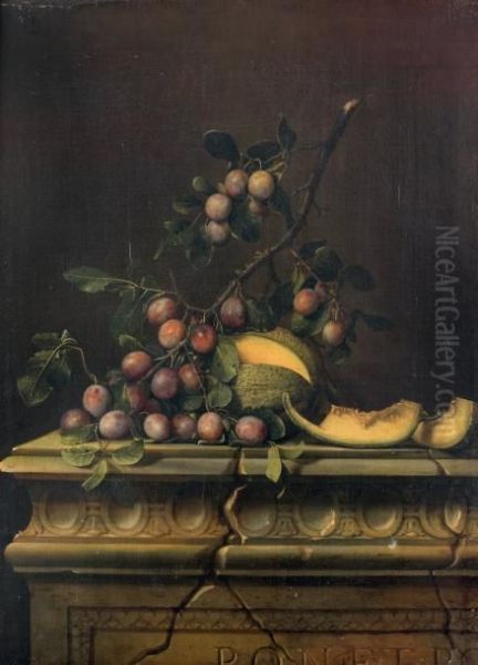 Nature Morte Aux Prunes Et Melon Sur Unentablement De Marbre Oil Painting by Pierre Dupuis