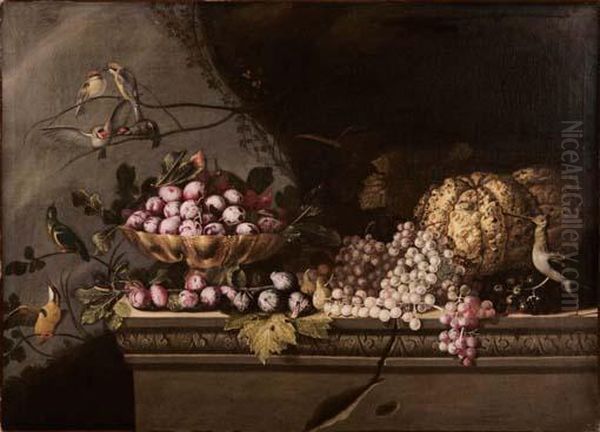 Natura Morta Di Frutta Con Susine In Un'alzata Metallica, Fichi, Uva, Zucche E Volatili Oil Painting by Pierre Dupuis