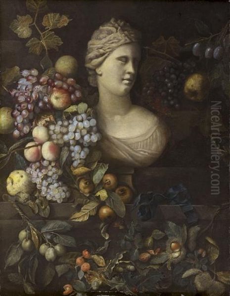 Allegorie De L'automne Avec Un Buste De Femme Entoure De Raisins, Poires, Prunes Et Chataignes Oil Painting by Pierre Dupuis