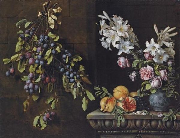 Branches Of Plums Tied With A Ribbon And Suspended From A Nail, With Lilies And Roses In A Blue And White Porcelain Vase, On A Sculpted Ledge With Pomegranates And Grapes Oil Painting by Pierre Dupuis