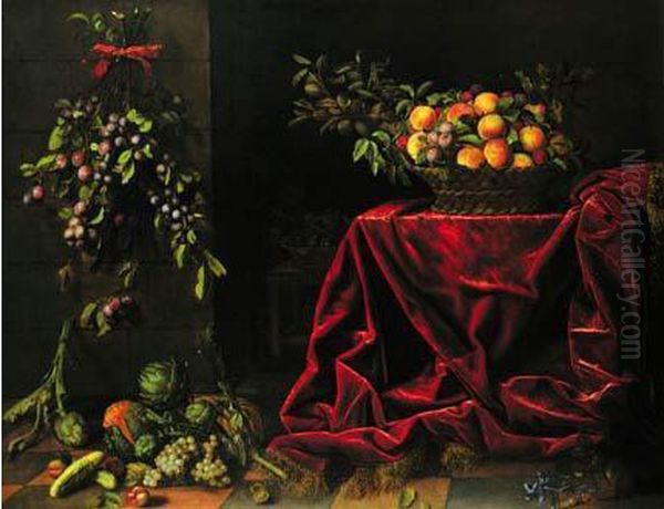 Nature Morte De Fruits Avec Un Panier De Peches, Prunes Et Amandes Fraiches Sur Un Entablement Recouvert D'un Velours Rouge Et Branche De Prune Oil Painting by Pierre Dupuis