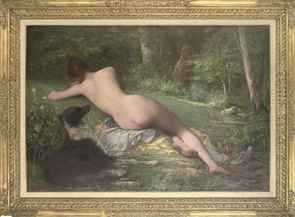 Femme Nu Etendue Dans Un Paysage Avec Un Chien Oil Painting by A. Dupuy