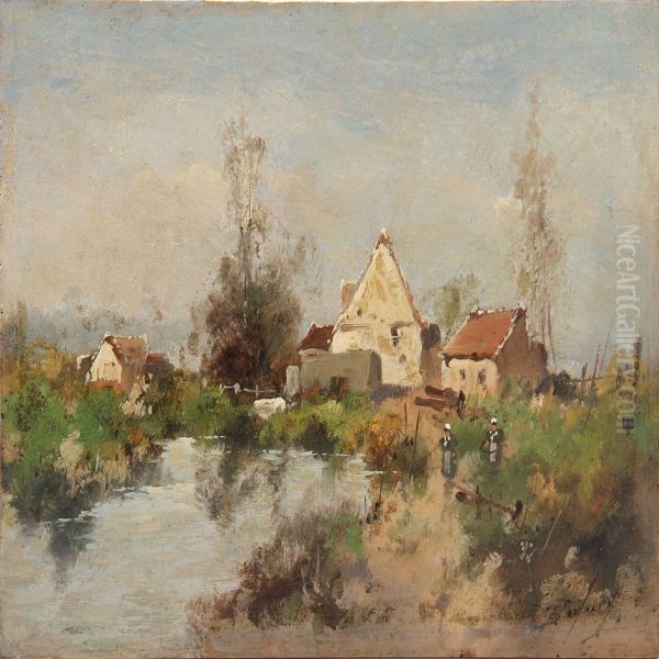 View Of A Village Withwhite Houses At A Stream Oil Painting by Louis Dupuy