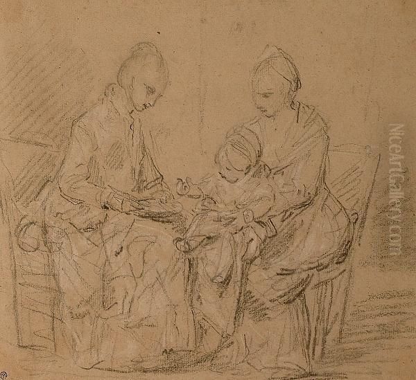 Two Ladies Seated, Playing With A Young Child. Oil Painting by Louis Jean-Jacques Durameau