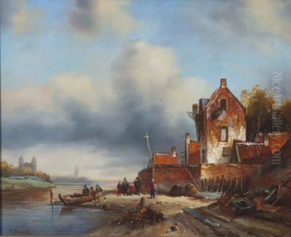 Dutch River Scene Oil Painting by B Durand