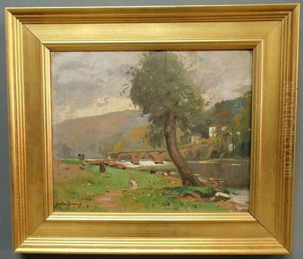 French Landscape Painting Of A Bridge Over A Stream Signed Oil Painting by Gustave Durand