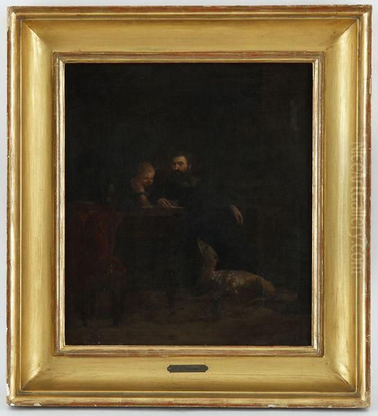 Scene D'interieur Avec Homme, Enfant Et Chien Oil Painting by Simon Durand