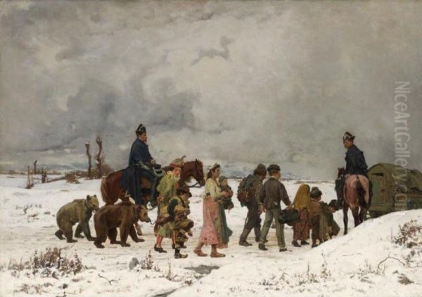 Paysage En Hiver Avec Saltimbanques, Ours Savantset Des Gendarme A Cheval
Winter Landscape With Jugglers, Dancing Bears And Gendarmes On Horseback Oil Painting by Simon Durand