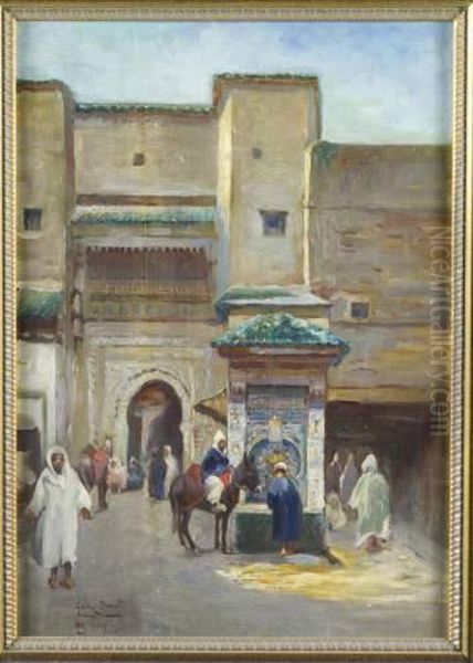 La Fontaine Nejjarine A Fes Oil Painting by Gaston Jules L. Durel