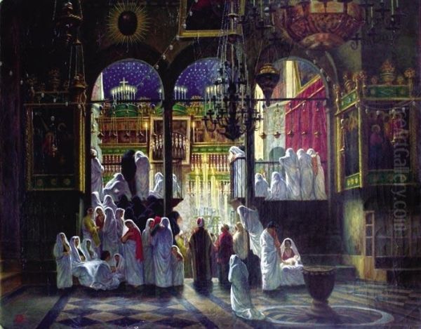 Ceremonie Religieuse Dans L'eglise Du Saint-sepulcre A Jerusalem Oil Painting by Johann Ludwig Rudolf Durheim