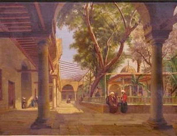 Conversation In The Interior Courtyard Of A Mosque Oil Painting by Johann Ludwig Rudolf Durheim