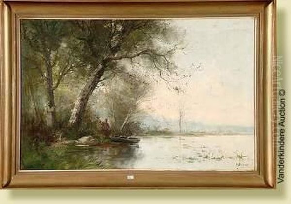 Pecheur Au Bord De L'etang Oil Painting by Emile Durieux